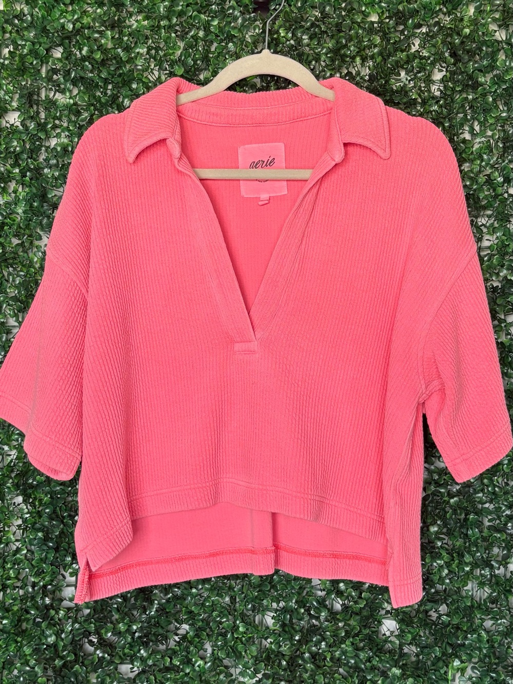 aerie Coral Pink Ribbed, Oversized Polo Knit Top